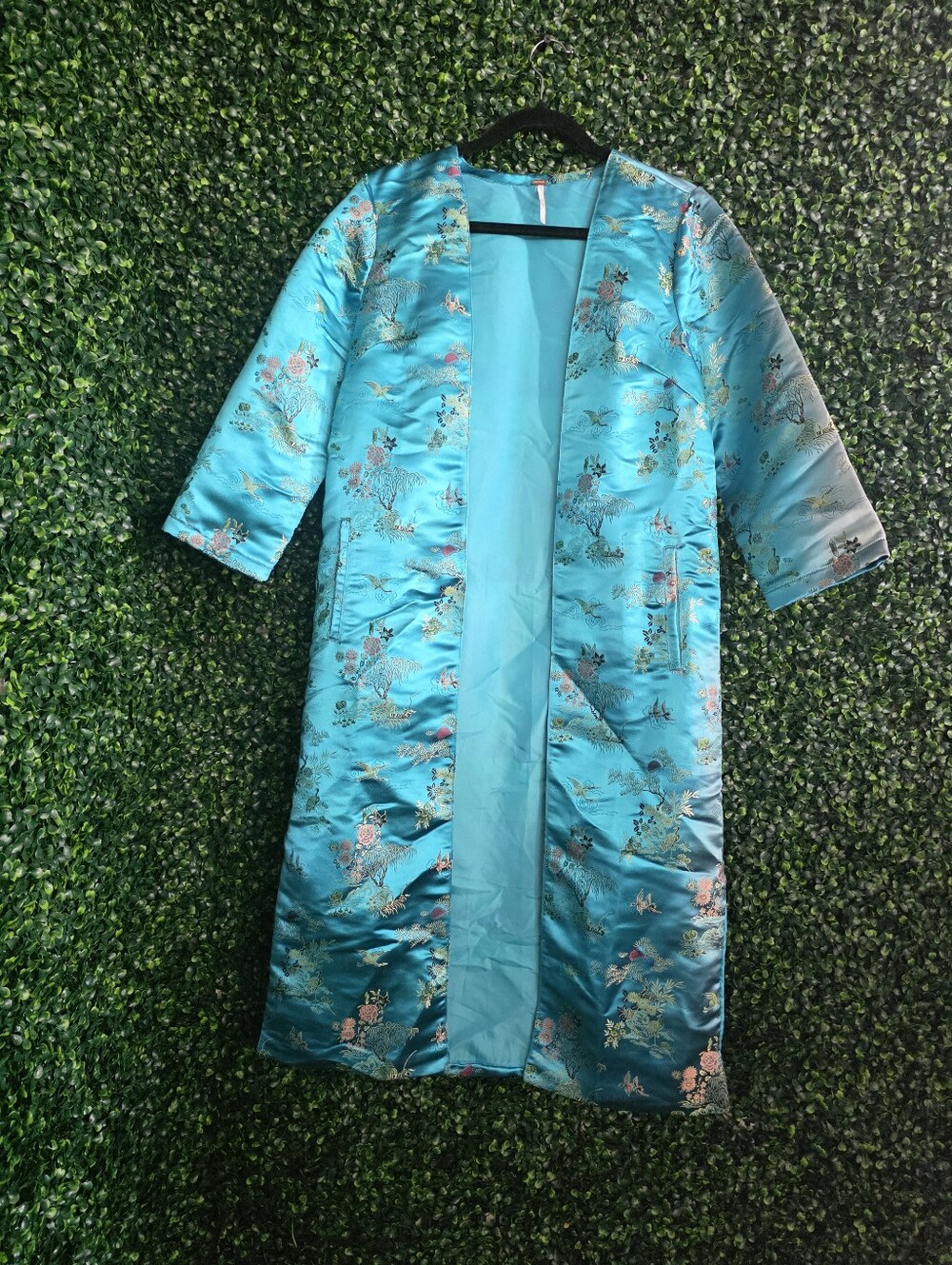 Free People Women's Turquoise Satin Floral Duster Coat Size S